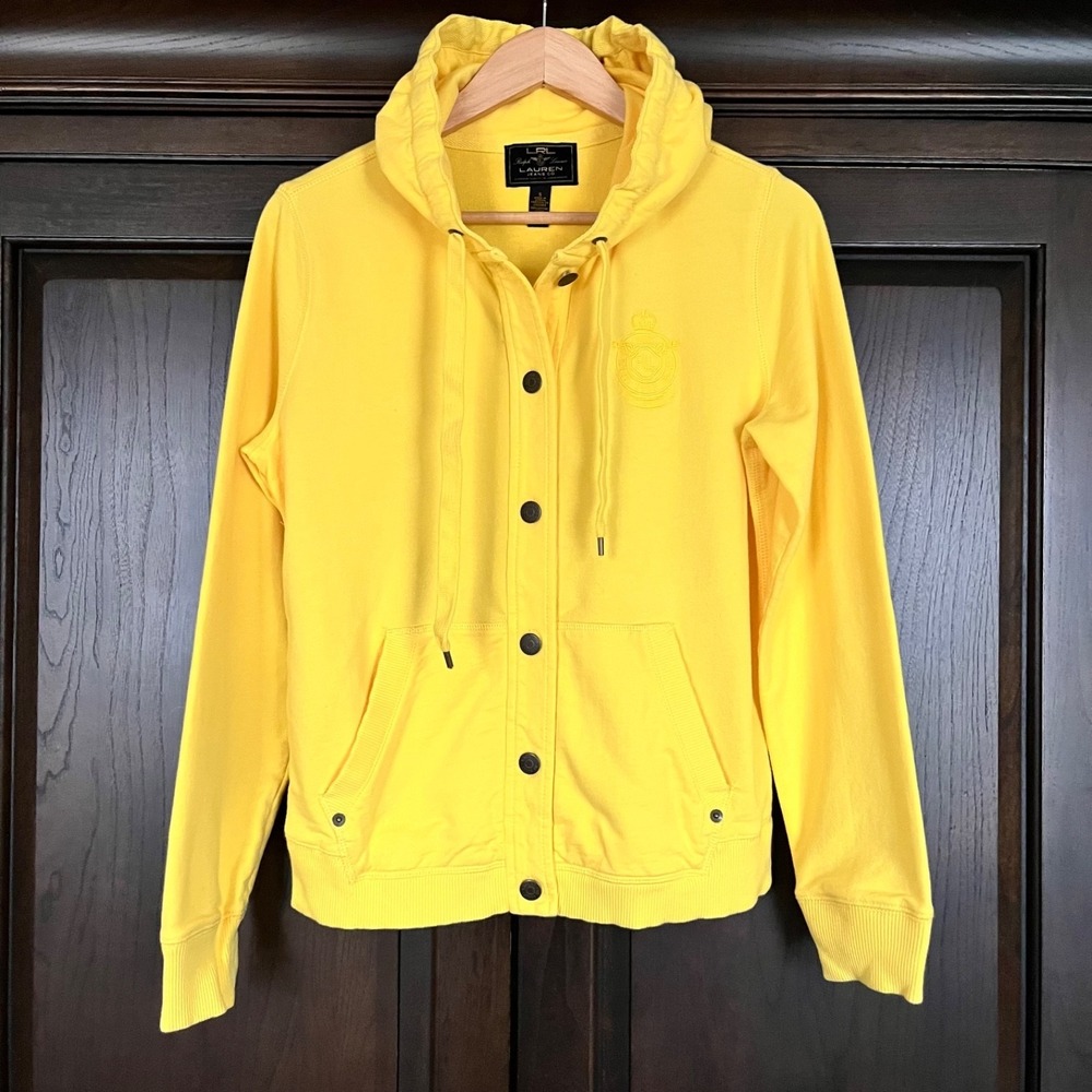 LAUREN RALPH LRL Hooded Button Up Sweatshirt Hoodie Womens S Yellow Logo Preppy